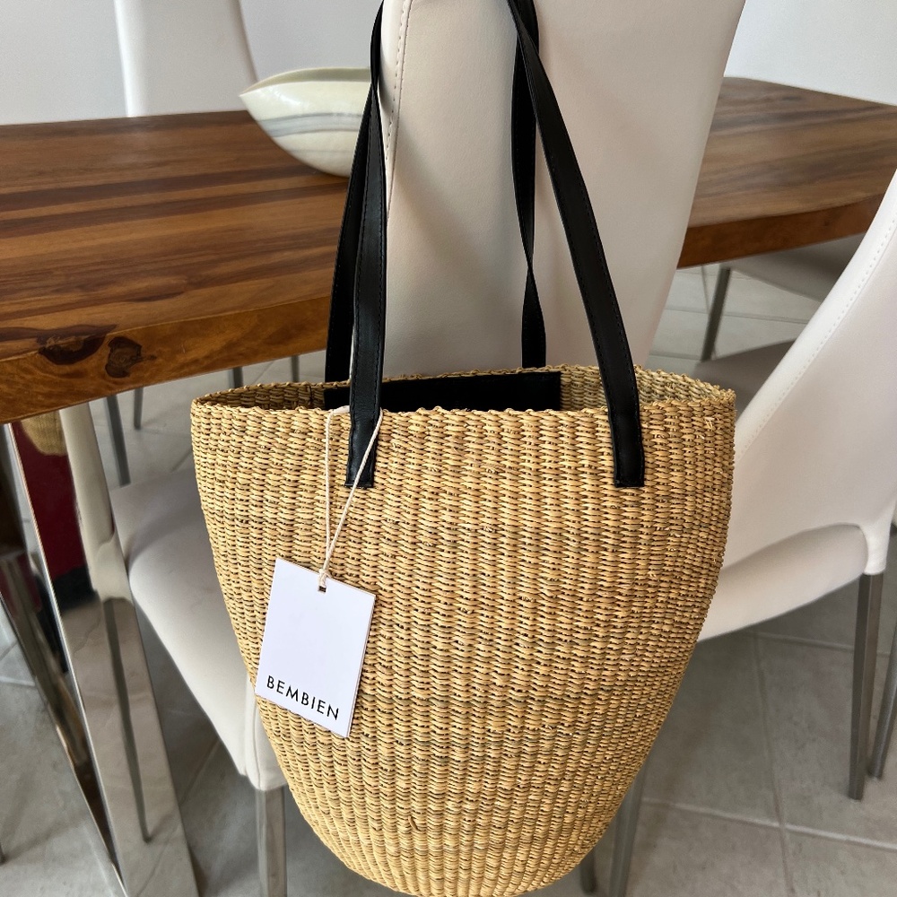 Bembien Natural Woven Tote with Black Handles
